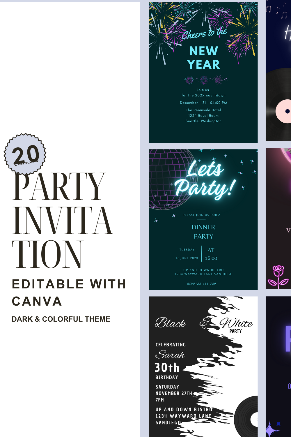 20 Party Invitation Template pinterest preview image.