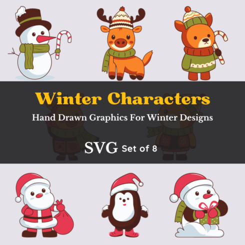 Set of 8 Winter Joyful Vector Characters Design Elements cover image.