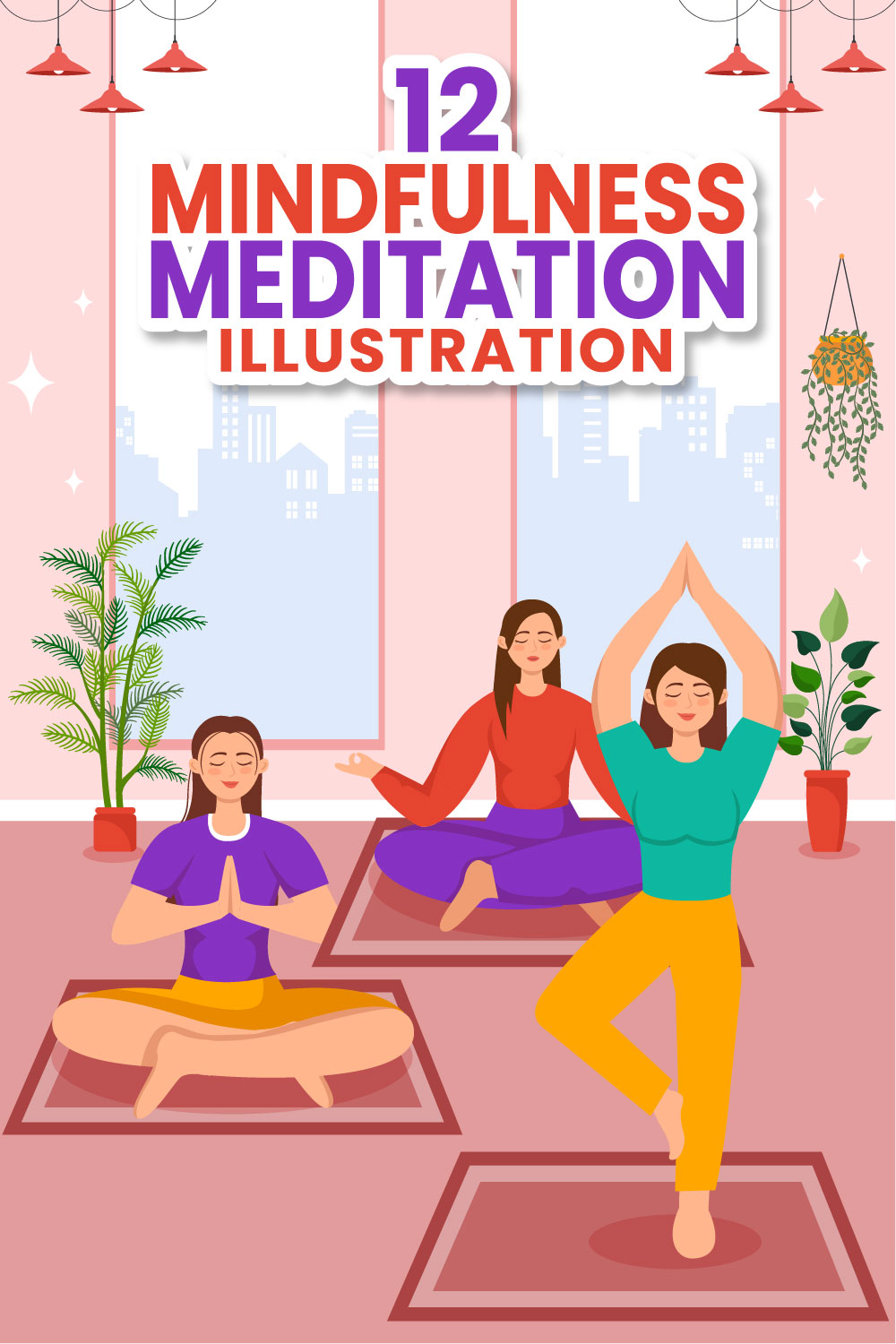 12 Mindfulness Meditation Illustration pinterest preview image.