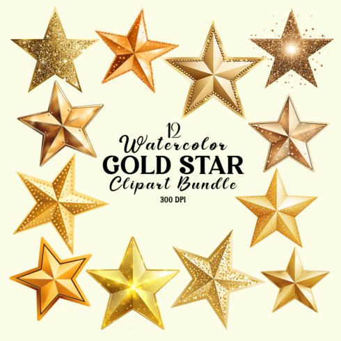 Watercolor Gold Star Clipart Bundle cover image.