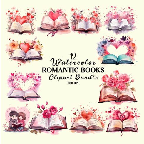 Watercolor Romantic Books Clipart Bundle cover image.