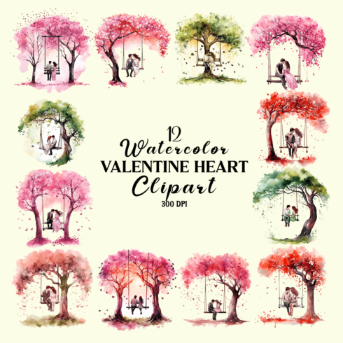 Watercolor The Tree of Love Couple in the Swing Sublimation Clipart cover image.