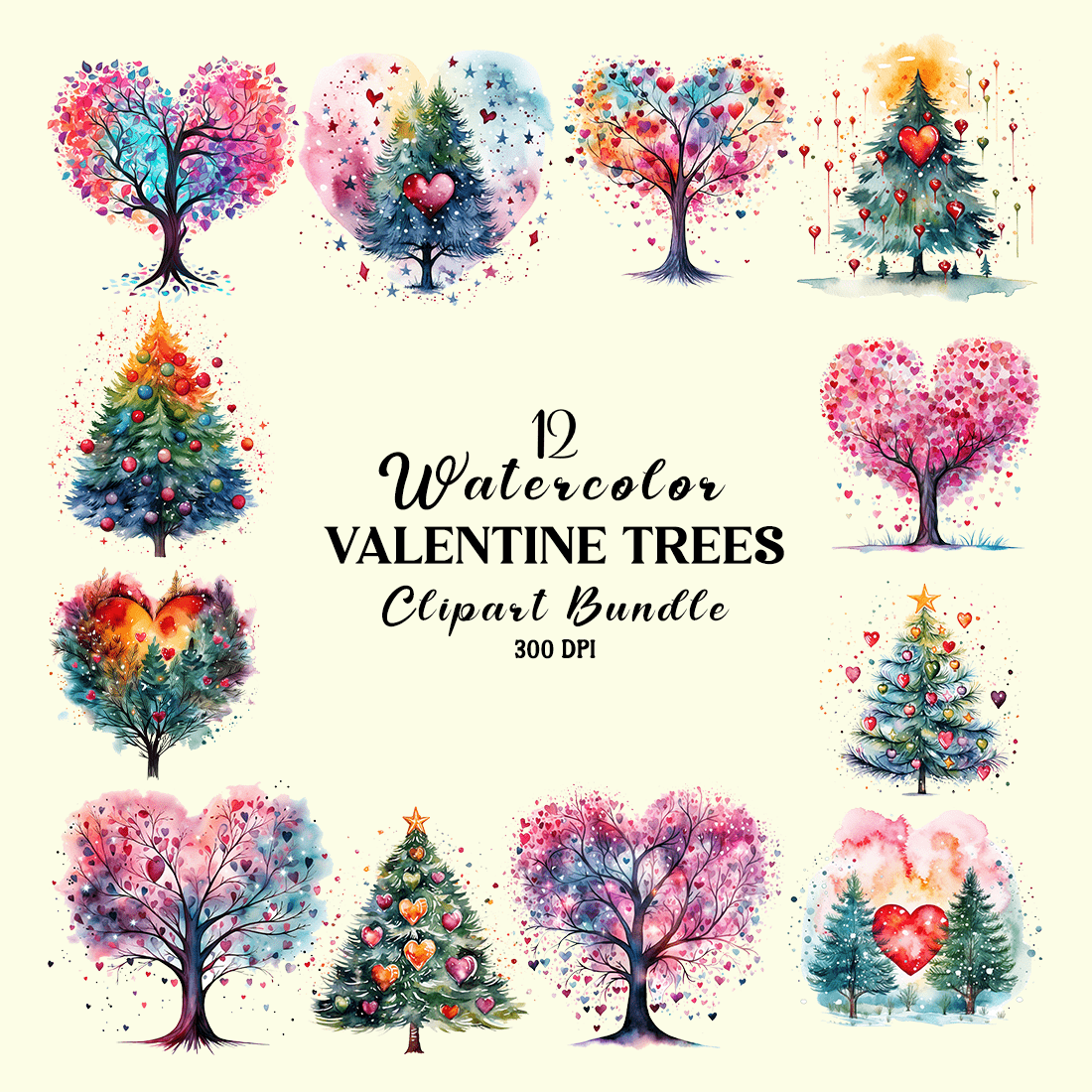 Watercolor Valentine Trees Clipart Bundle cover image.