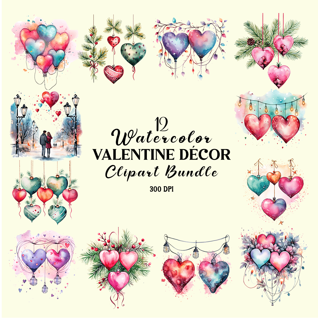 Watercolor Valentine Décor Clipart Bundle cover image.