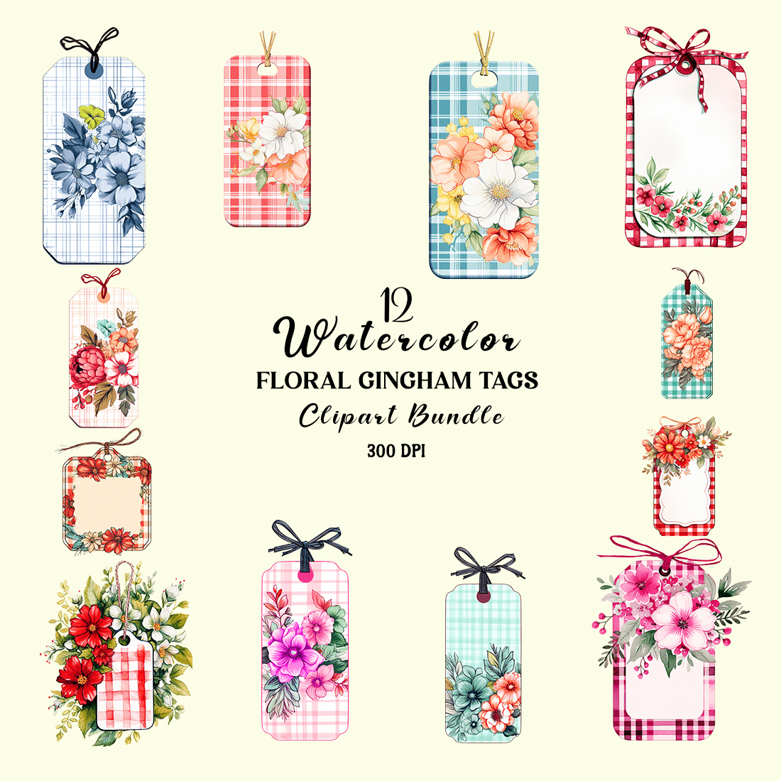 Watercolor Floral Gingham Tags Clipart Bundle cover image.