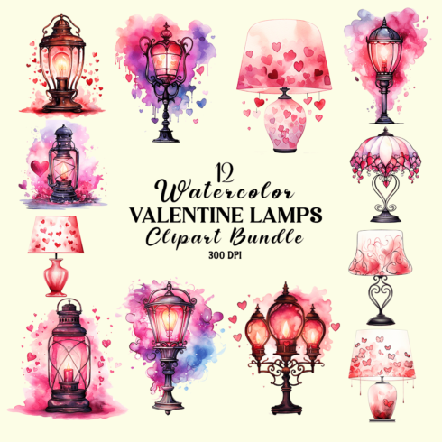 Watercolor Valentine Lamps Clipart Bundle cover image.
