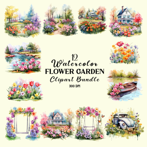 Watercolor Flower Garden Clipart Bundle cover image.
