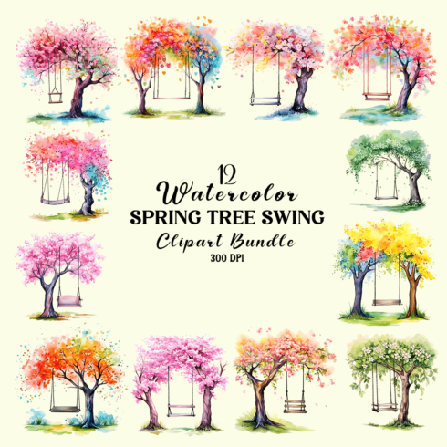 Watercolor Spring Tree Swing Clipart Bundle cover image.