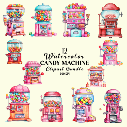 Watercolor Candy Machine Clipart Bundle cover image.