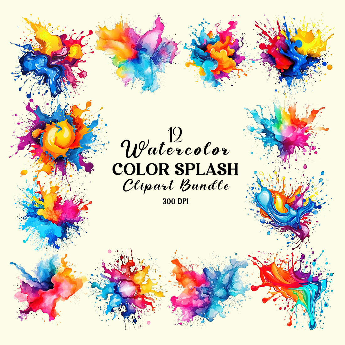 Watercolor Color Splash Clipart Bundle cover image.