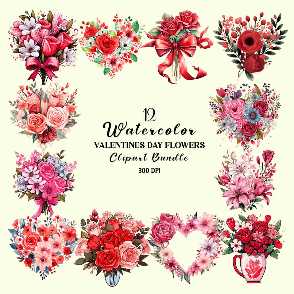 Watercolor Valentines Day Flowers Clipart Bundle - MasterBundles