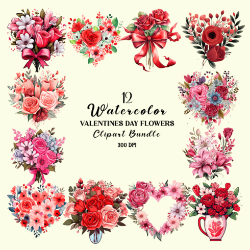 Watercolor Valentines Day Flowers Clipart Bundle cover image.