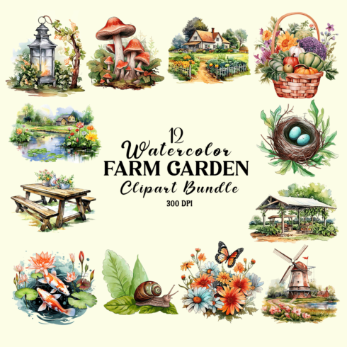 Watercolor Farm Garden Clipart Bundle cover image.