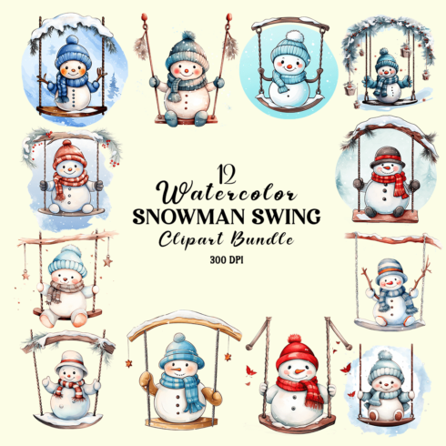 Watercolor Snowman Swing Clipart Bundle cover image.