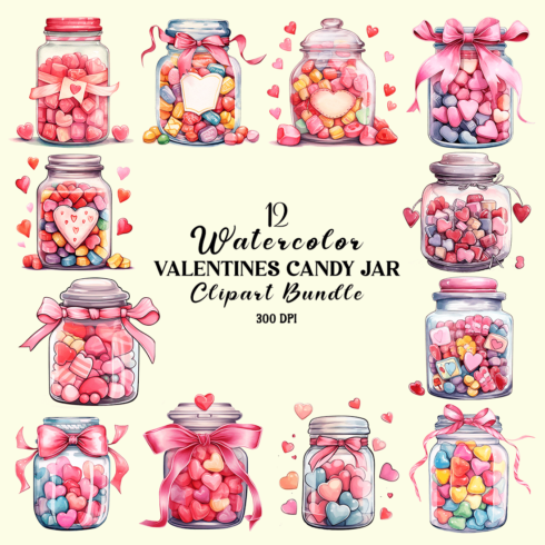 Watercolor Valentines Candy Jar Clipart Bundle cover image.