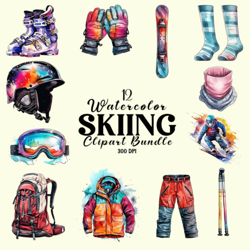 Watercolor Skiing Clipart Bundle cover image.