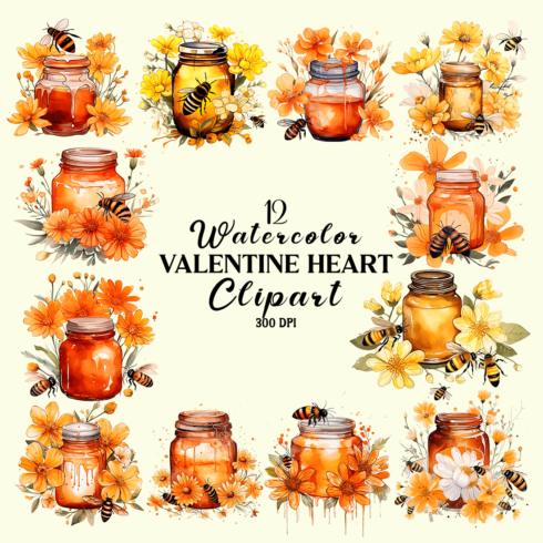 Watercolor Honey Bee Jar Sublimation Clipart cover image.