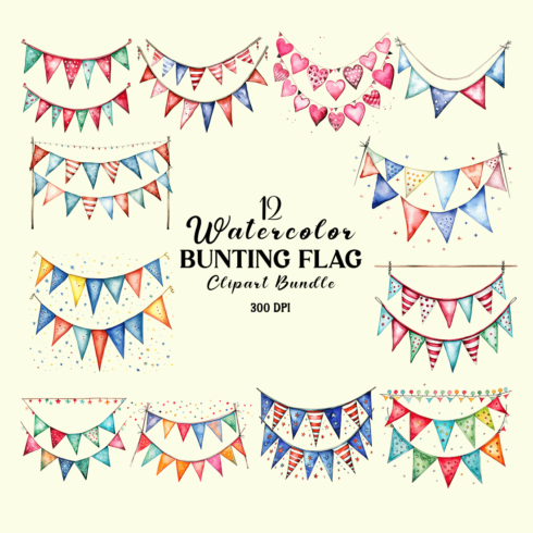 Watercolor Bunting Flag Clipart Bundle cover image.