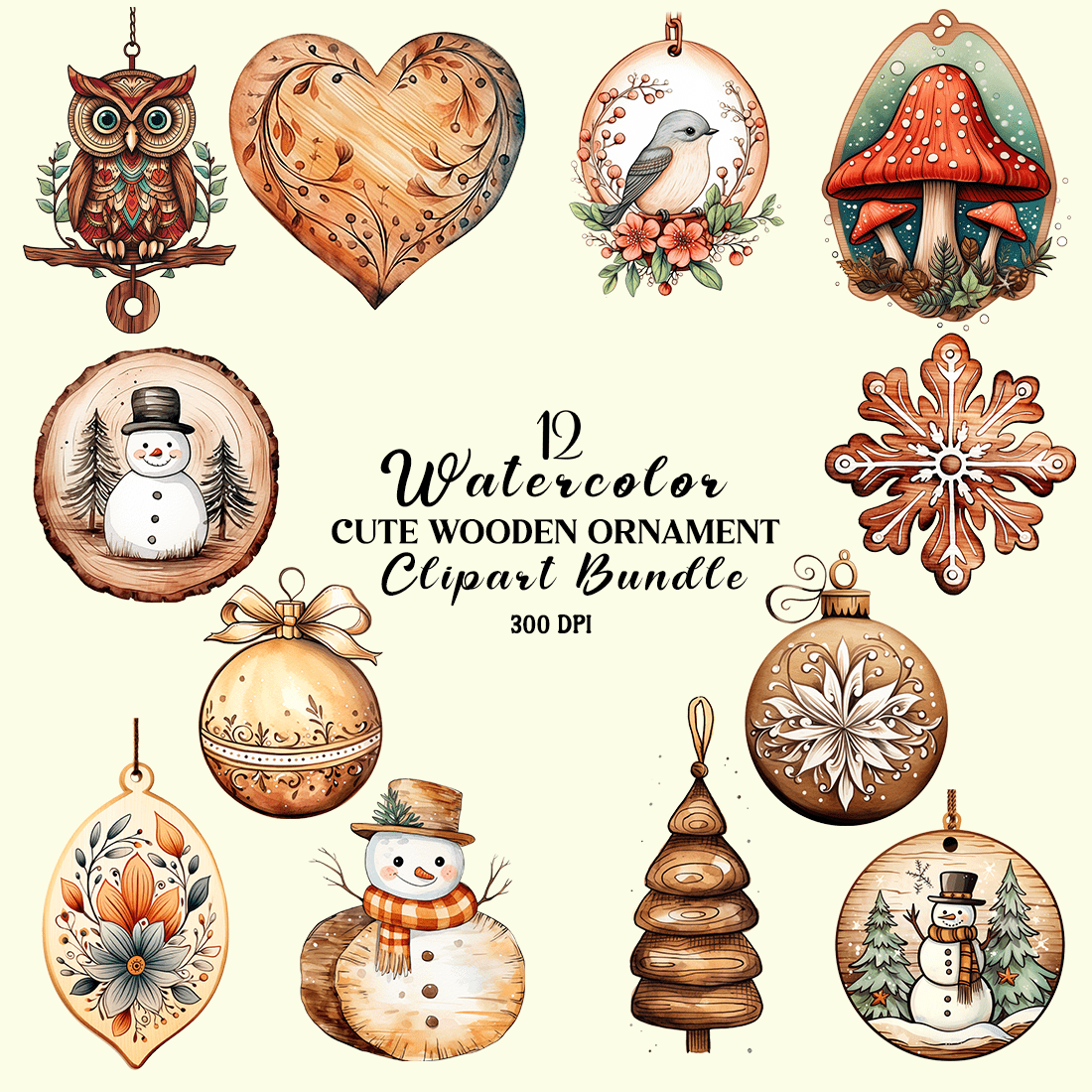 Watercolor Cute Wooden Ornament Clipart Bundle cover image.