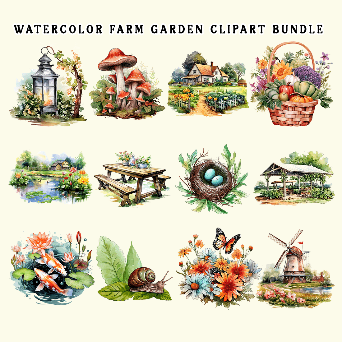 Watercolor Farm Garden Clipart Bundle preview image.