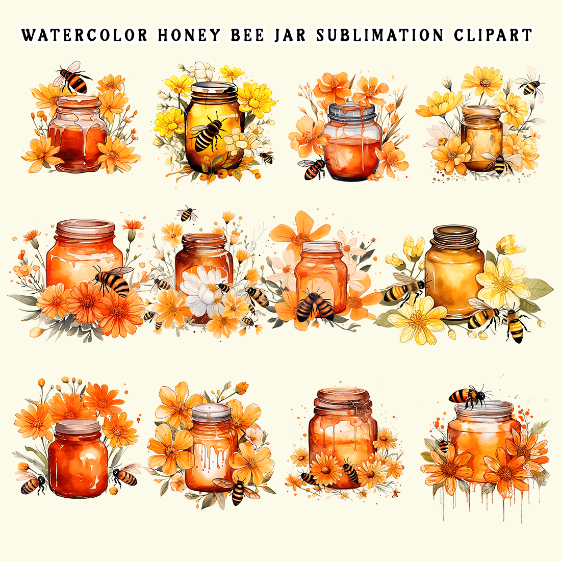 Watercolor Honey Bee Jar Sublimation Clipart preview image.