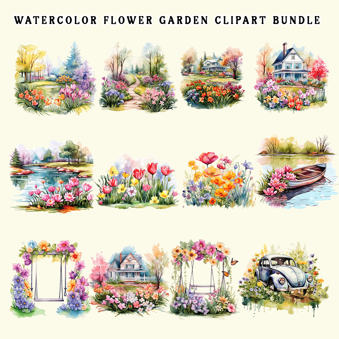Watercolor Flower Garden Clipart Bundle preview image.