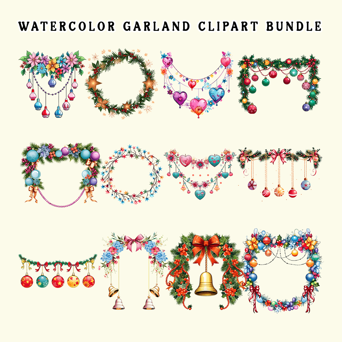 Watercolor Garland Clipart Bundle preview image.