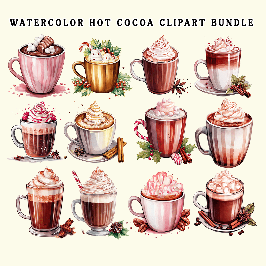 Watercolor Hot Cocoa Clipart Bundle preview image.