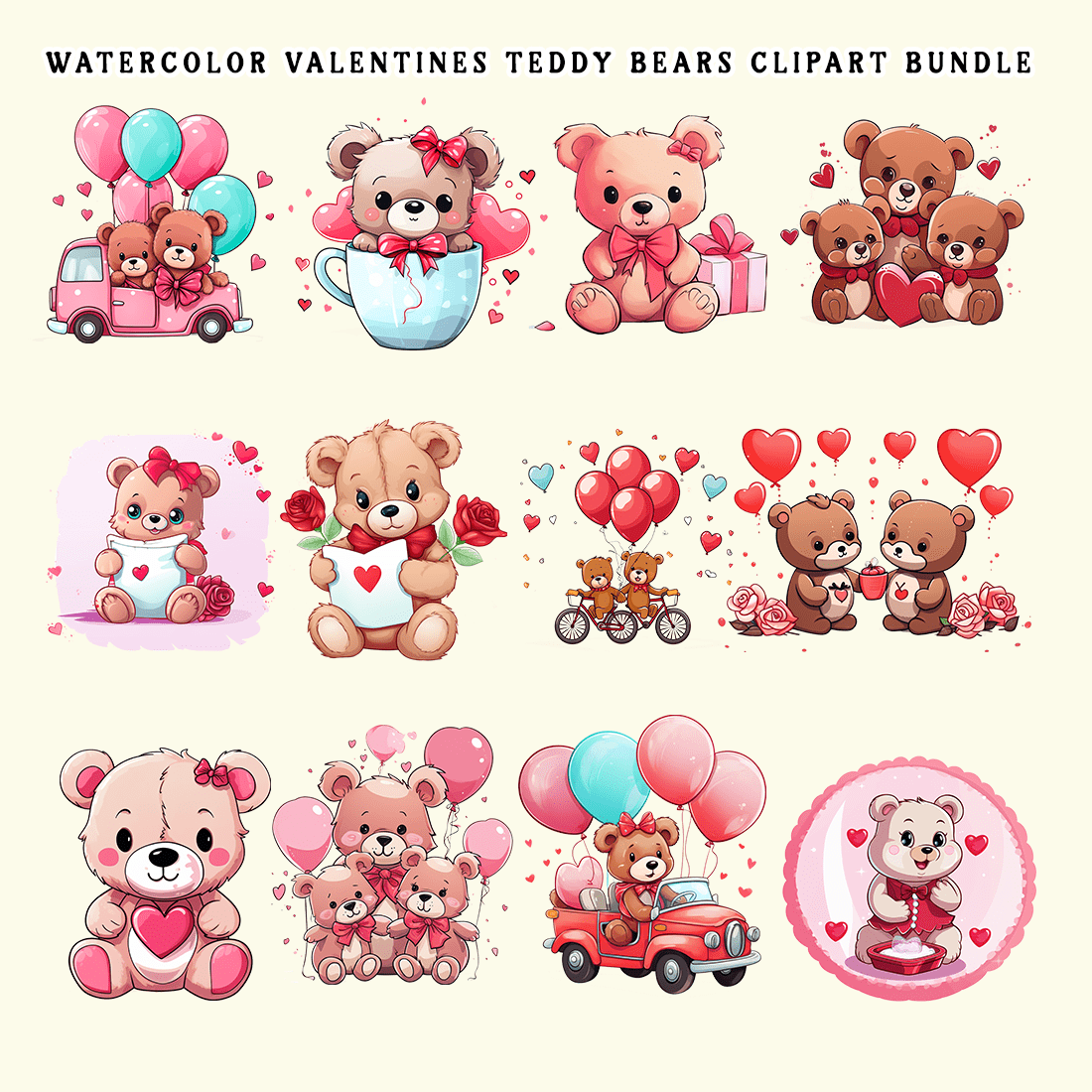 Watercolor Valentines Teddy Bears Clipart Bundle preview image.