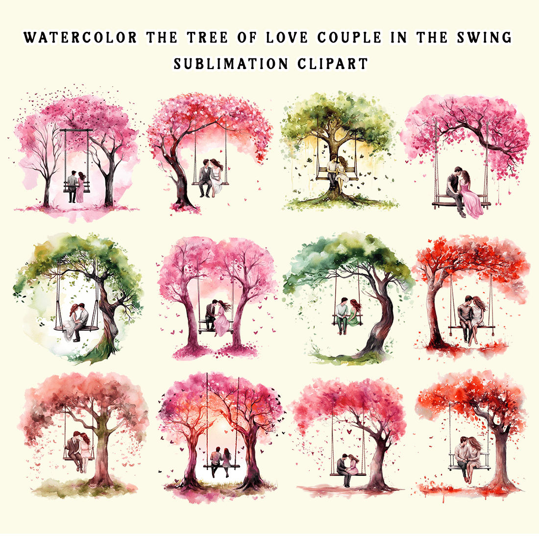 Watercolor The Tree of Love Couple in the Swing Sublimation Clipart preview image.