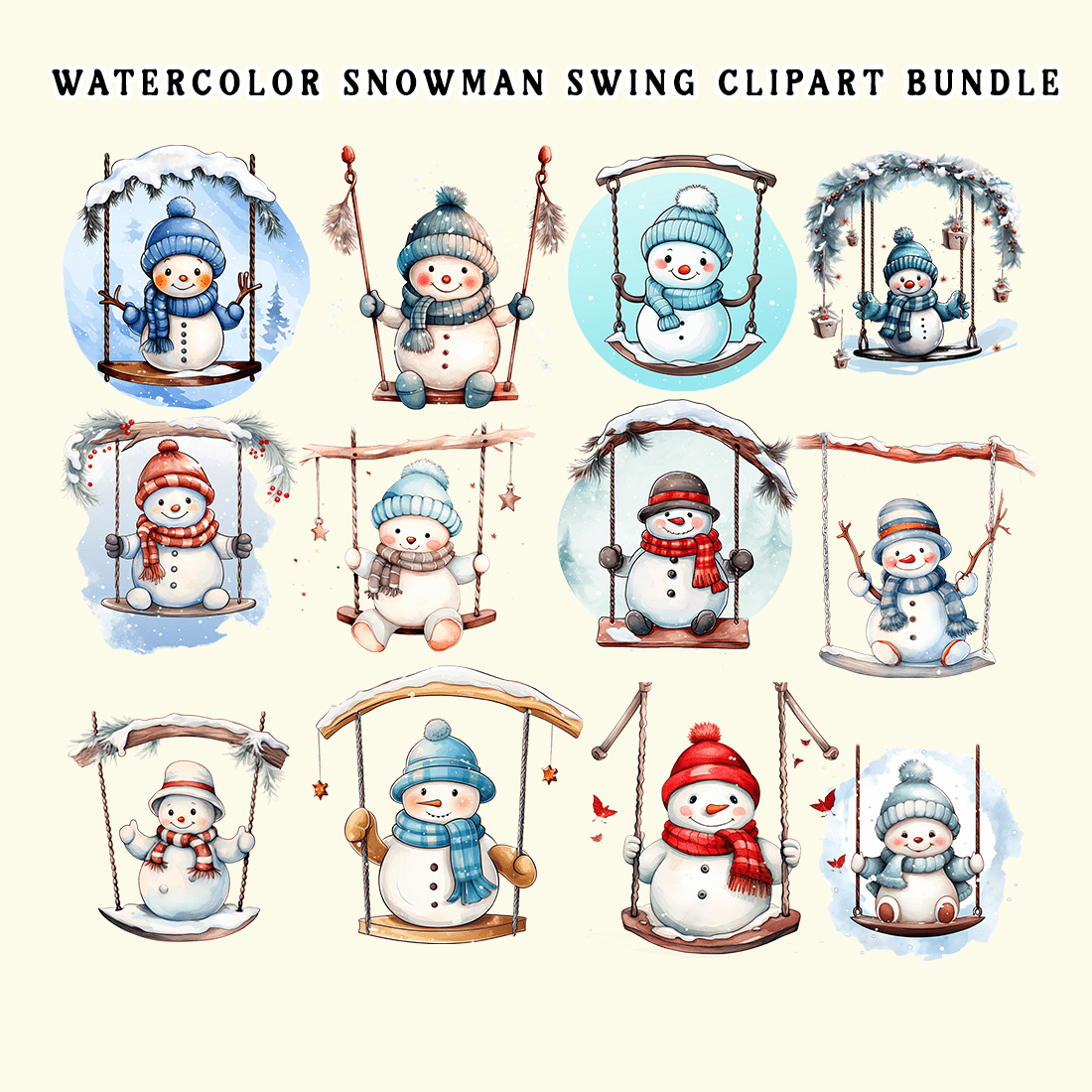 Watercolor Snowman Swing Clipart Bundle preview image.