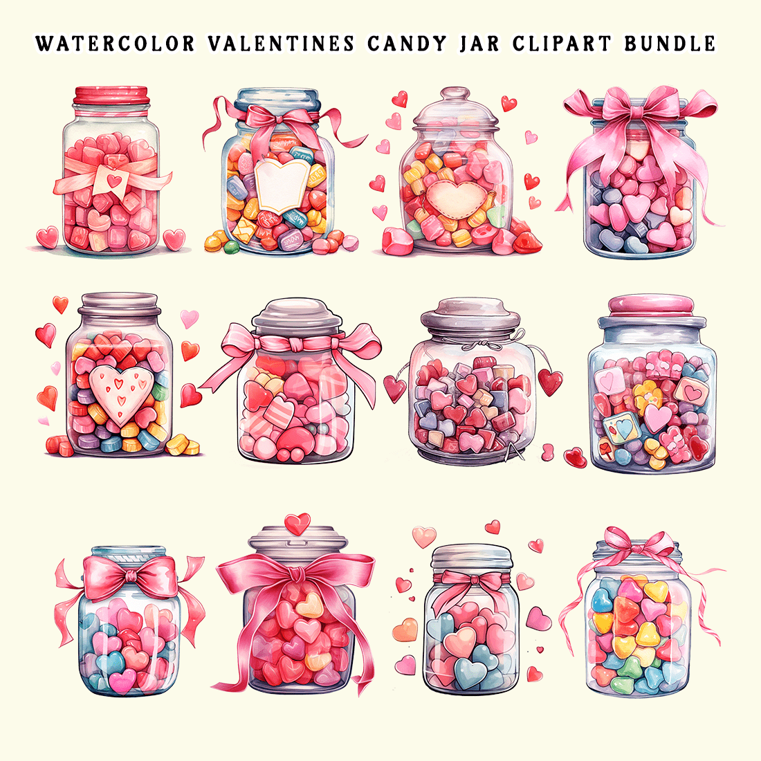 Watercolor Valentines Candy Jar Clipart Bundle preview image.