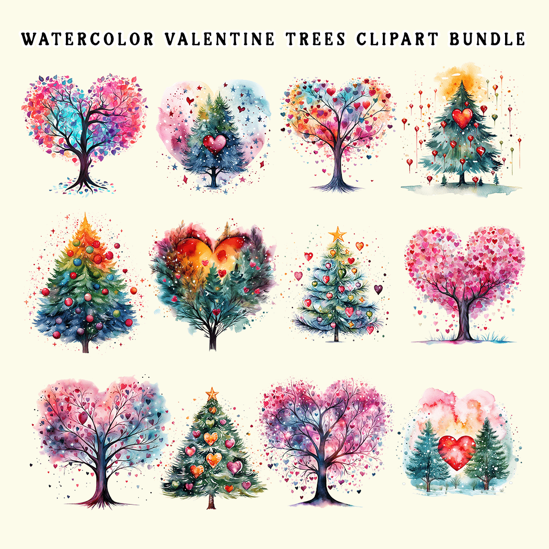 Watercolor Valentine Trees Clipart Bundle preview image.