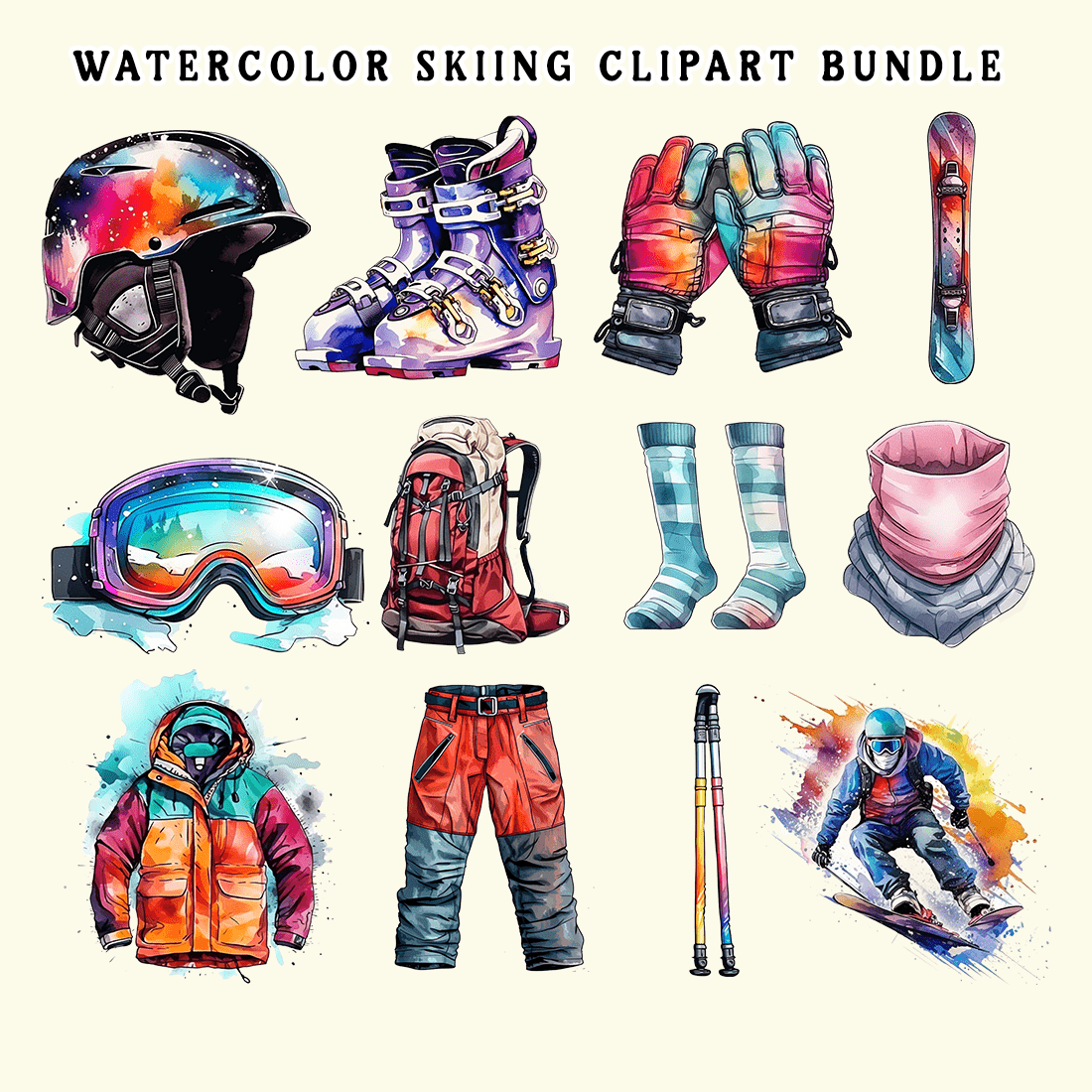 Watercolor Skiing Clipart Bundle preview image.