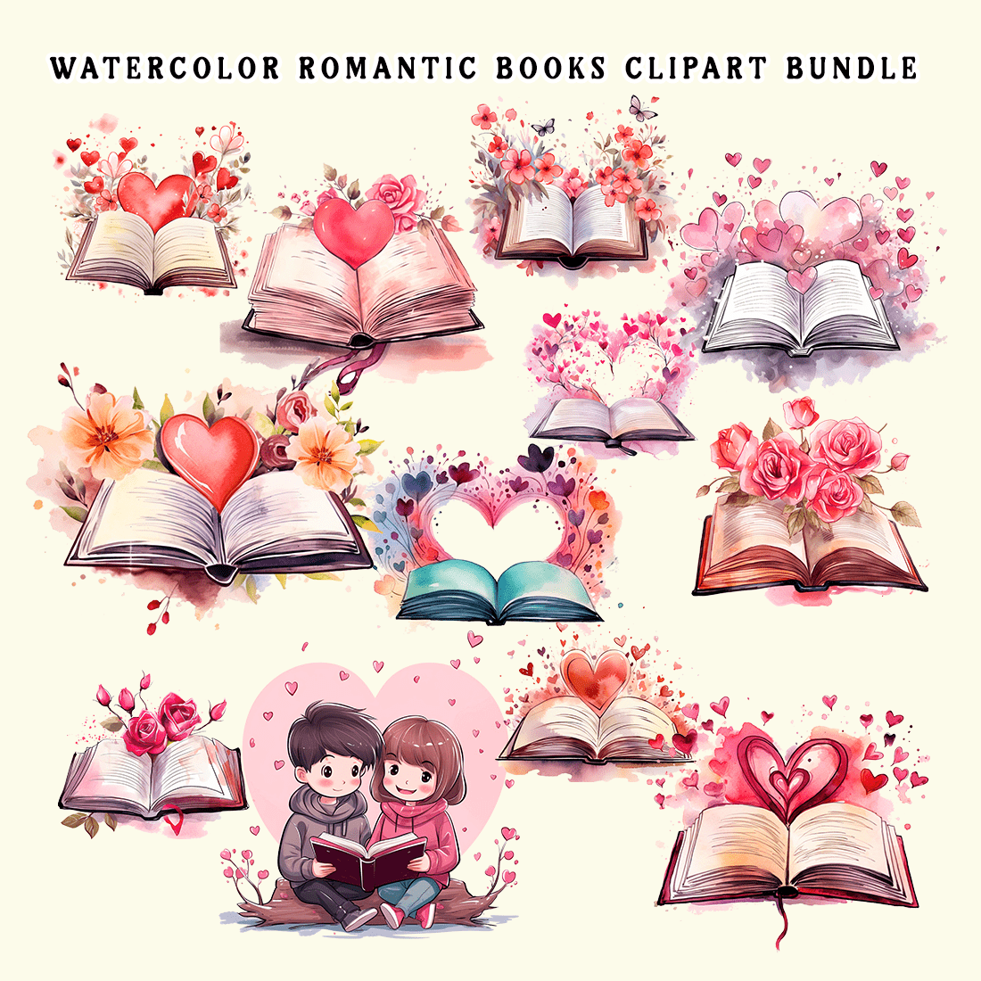 Watercolor Romantic Books Clipart Bundle preview image.