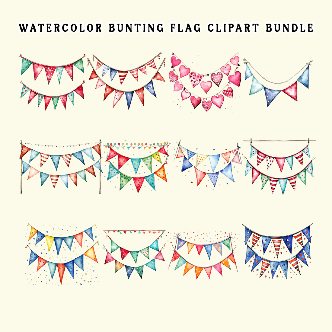 Watercolor Bunting Flag Clipart Bundle preview image.