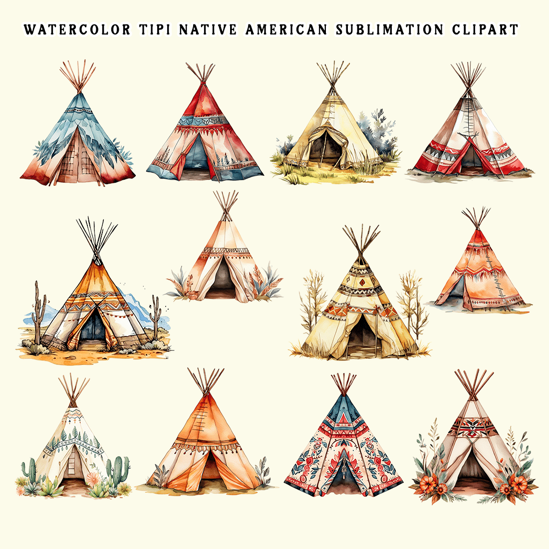 Watercolor Tipi Native American Clipart Bundle preview image.