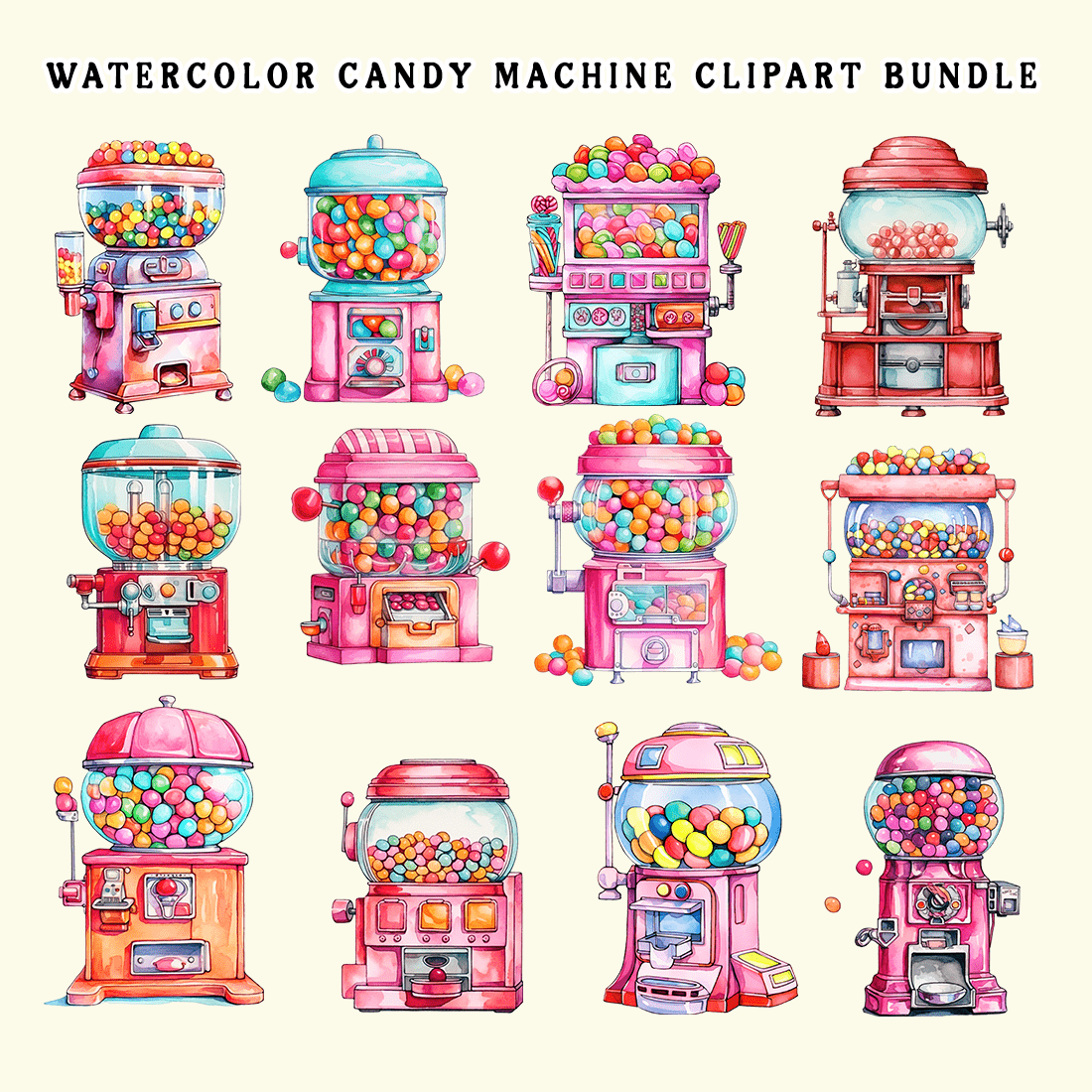 Watercolor Candy Machine Clipart Bundle preview image.