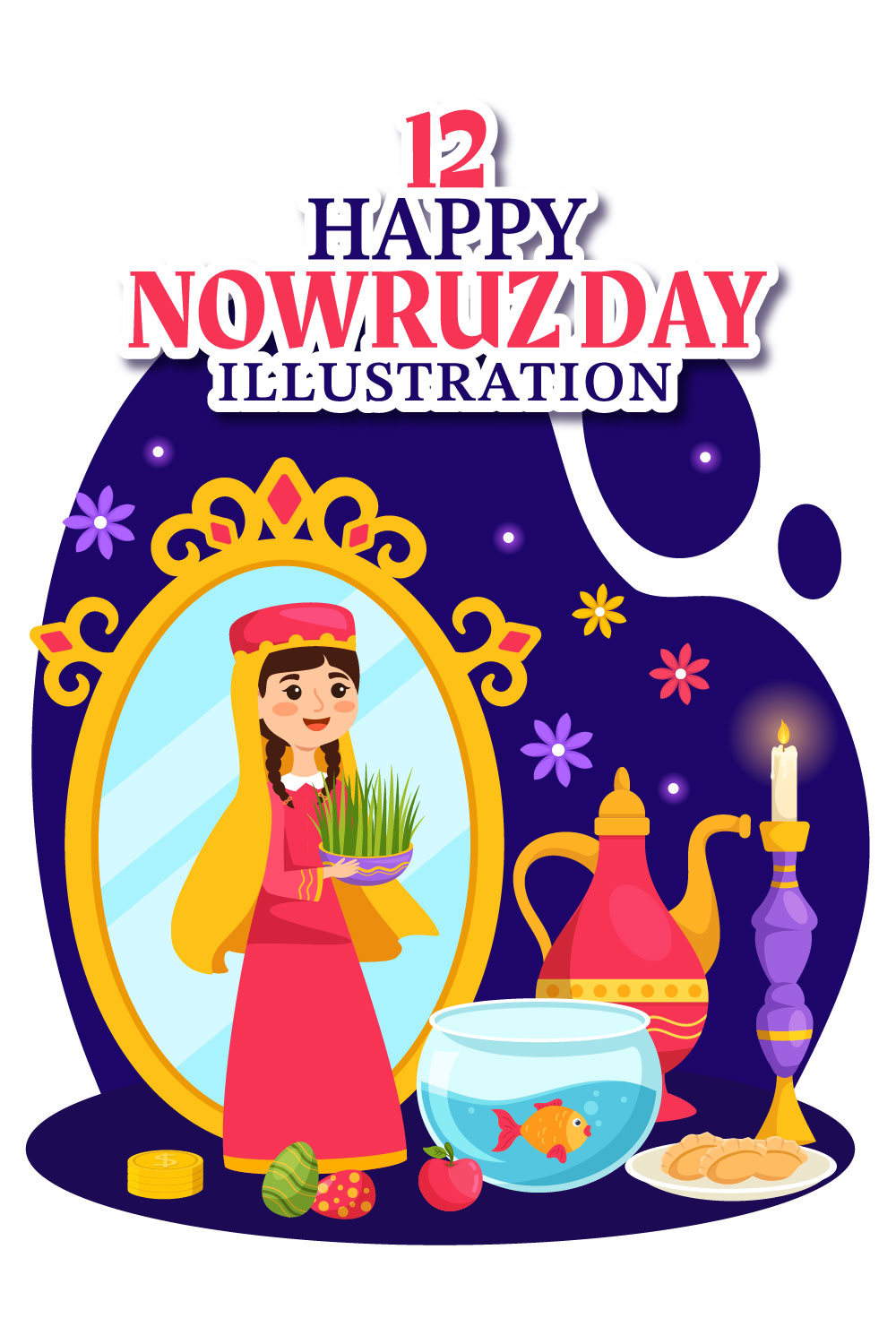 12 Happy Nowruz Day Illustration pinterest preview image.