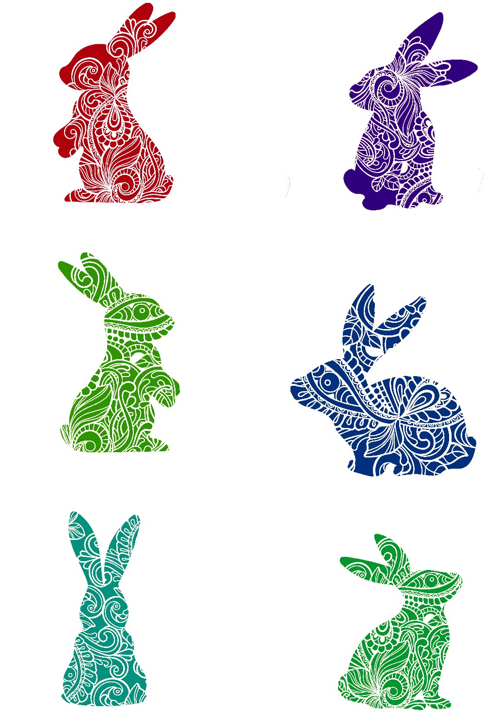 Decorative Bunny Set of 6 Stickers Muliti Colorful Rabbit Animal PNG DXF SVG Files pinterest preview image.