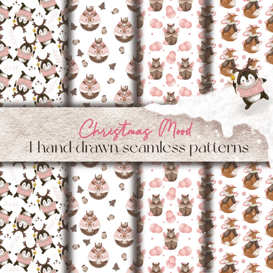 Christmas mood drawn seamless patterns + gift 4 stickers cover image.