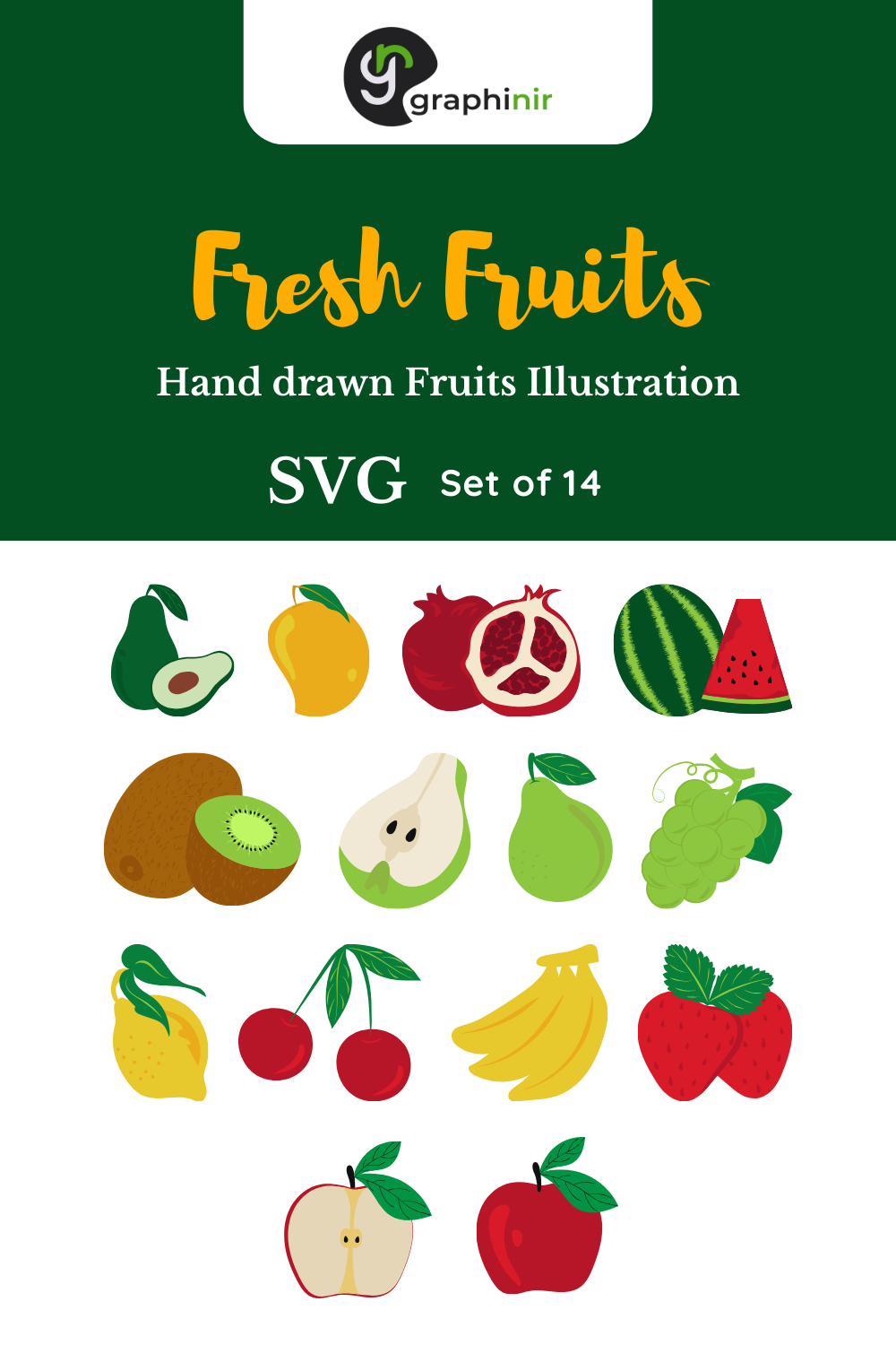 Set of 14 Vector Hand Drawn Fresh Organic Fruits Vector Graphics pinterest preview image.