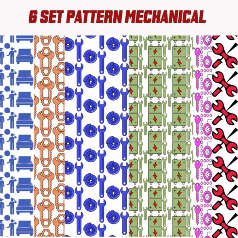 6 Sets of mechanical patterns in EPS, SVG and JPG files cover image.