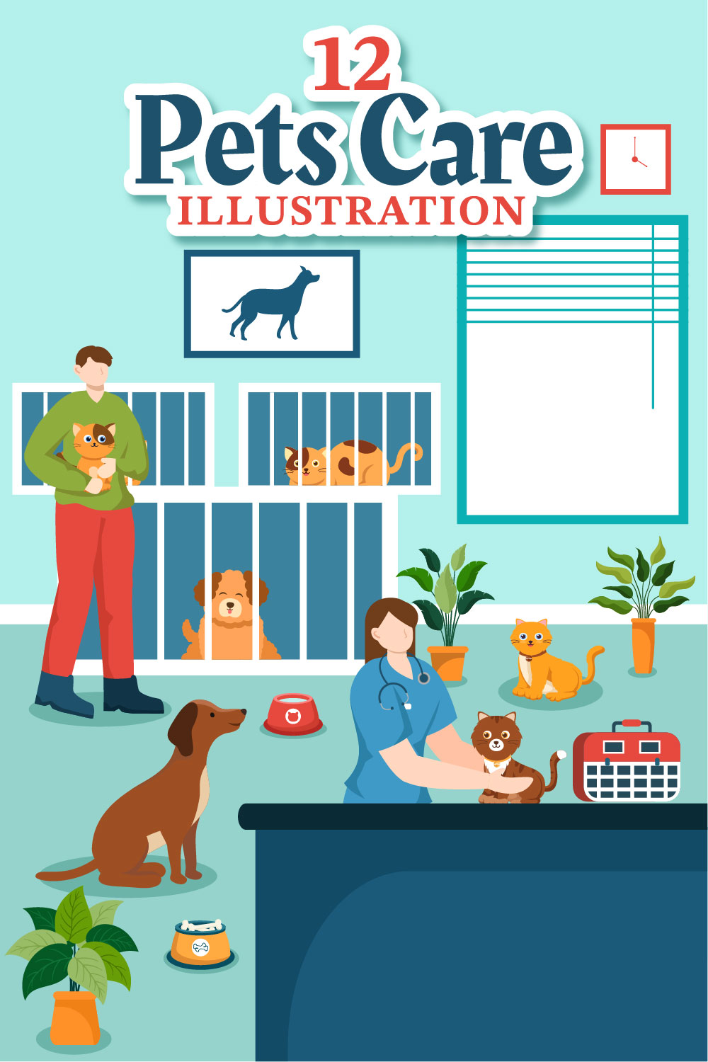 12 Pets Care Illustration pinterest preview image.