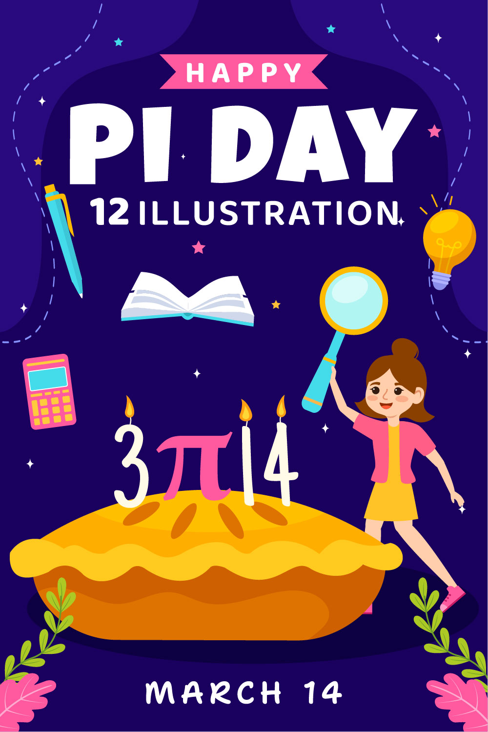 12 Happy Pi Day Illustration pinterest preview image.