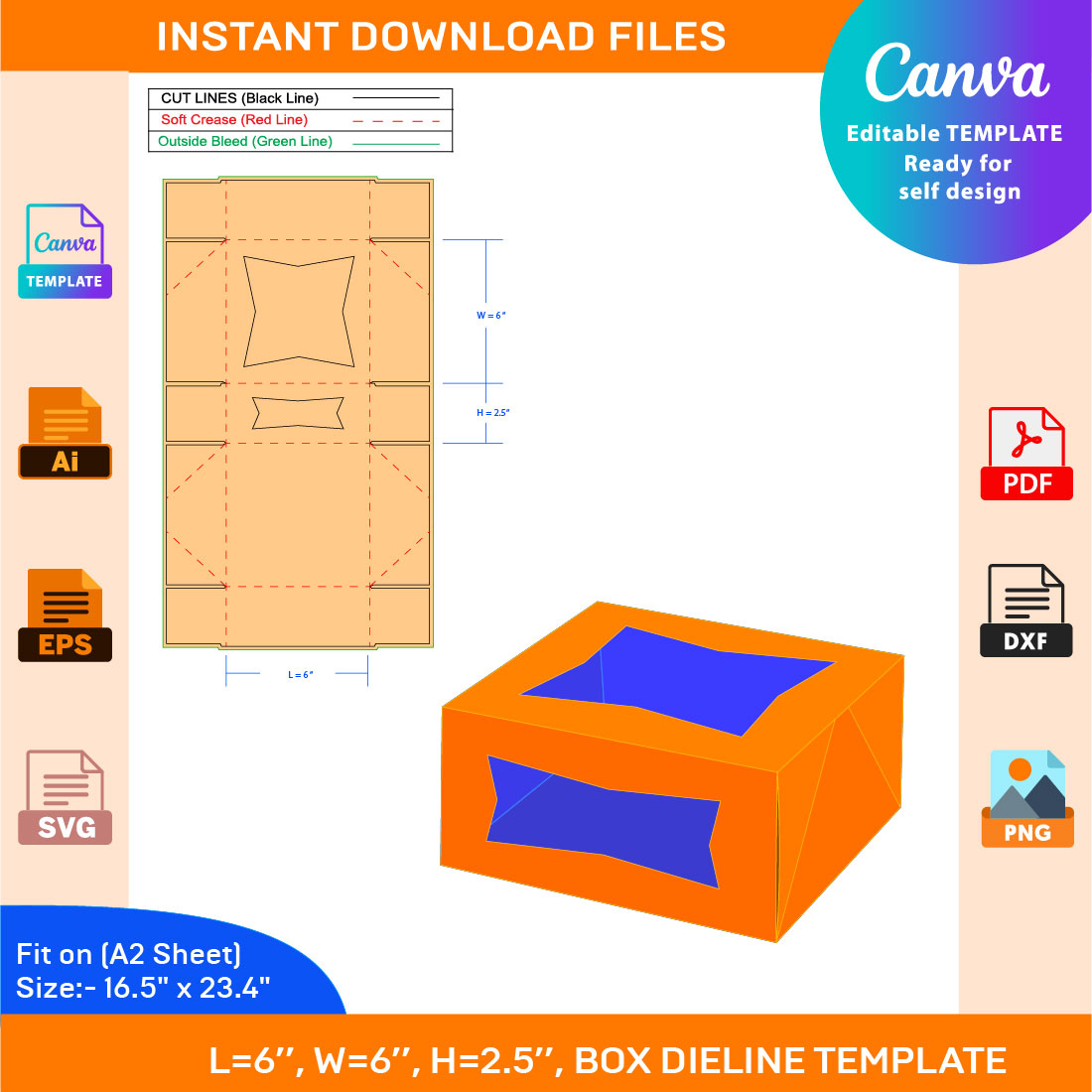 Pie Box, Dieline Template, SVG, EPS, PDF, DXF, Ai, PNG, JPEG cover image.