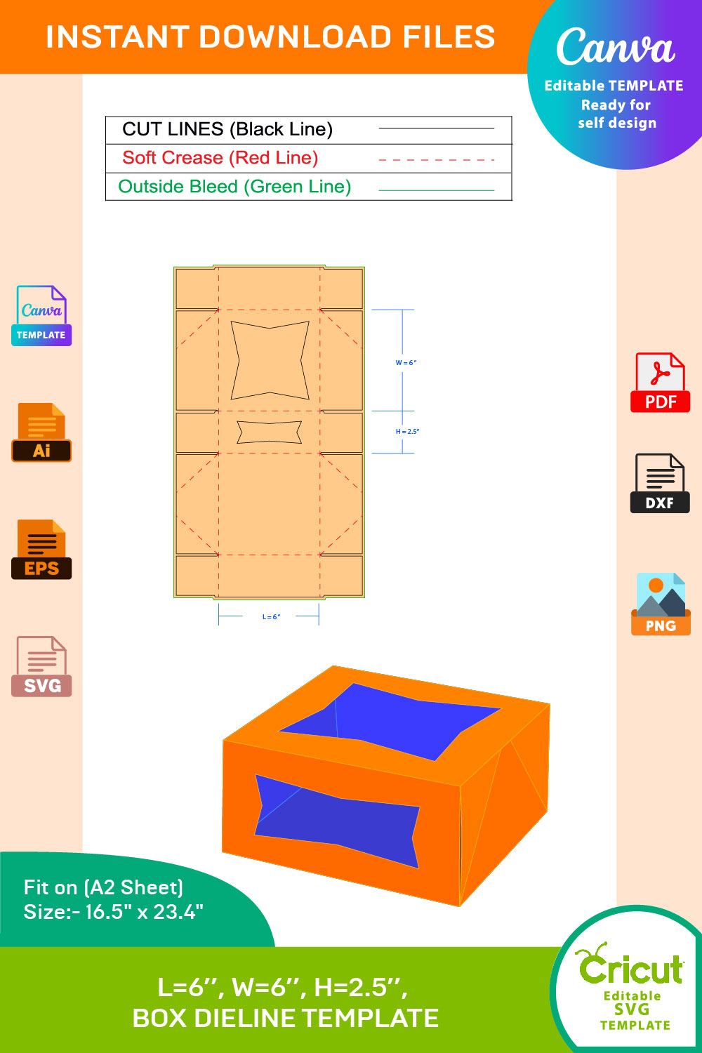 Pie Box, Dieline Template, SVG, EPS, PDF, DXF, Ai, PNG, JPEG pinterest preview image.