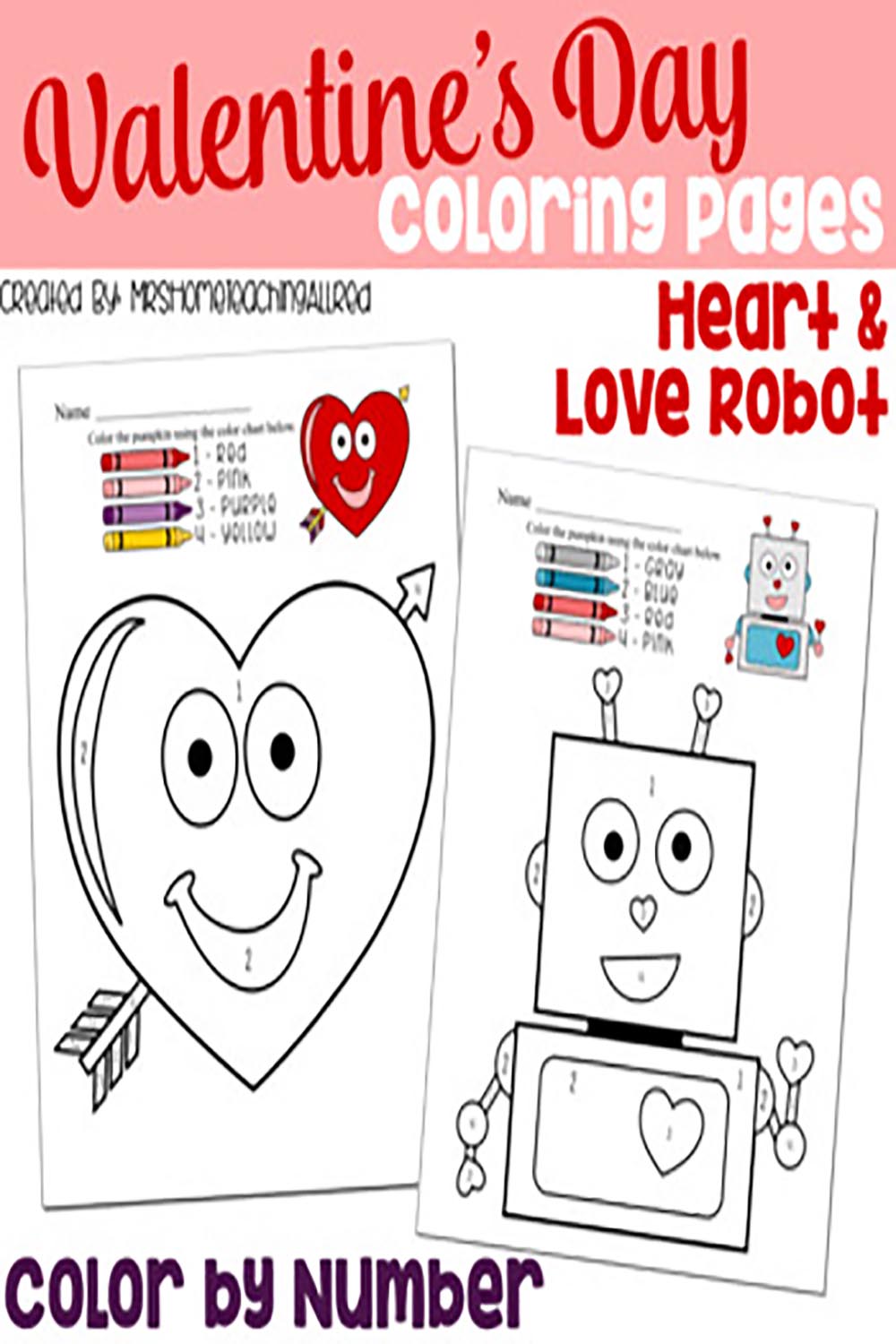 Valentine's Day Coloring Pages / Color By Number / February Activities pinterest preview image.