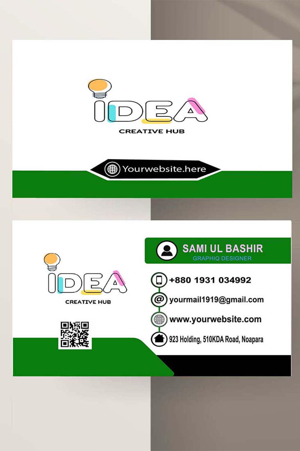 Modern business card template green black colors pinterest preview image.