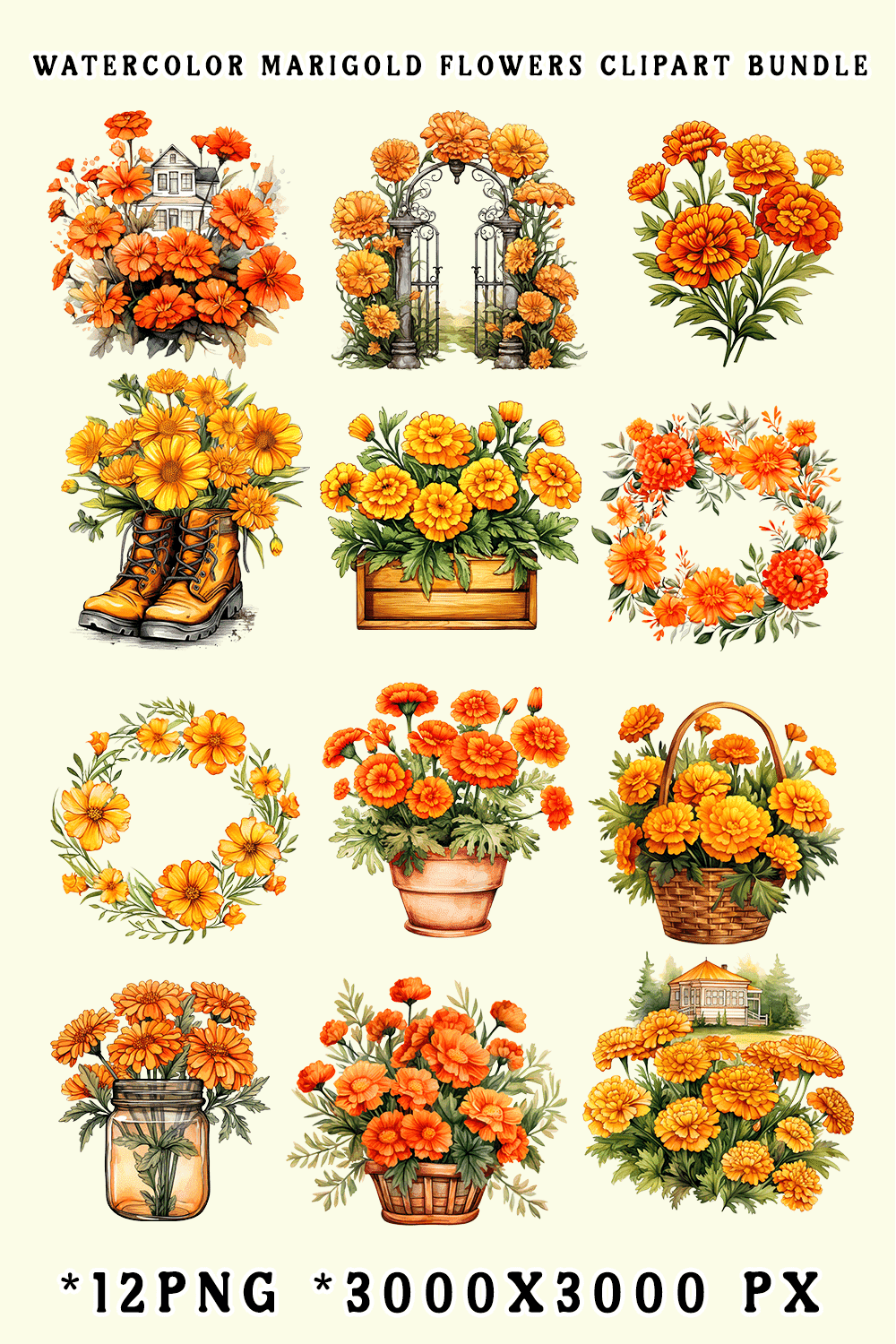 Watercolor Marigold Flowers Clipart Bundle pinterest preview image.